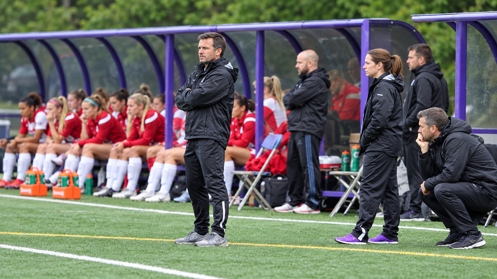 College coach in conversation on the sideline during a recruiting event