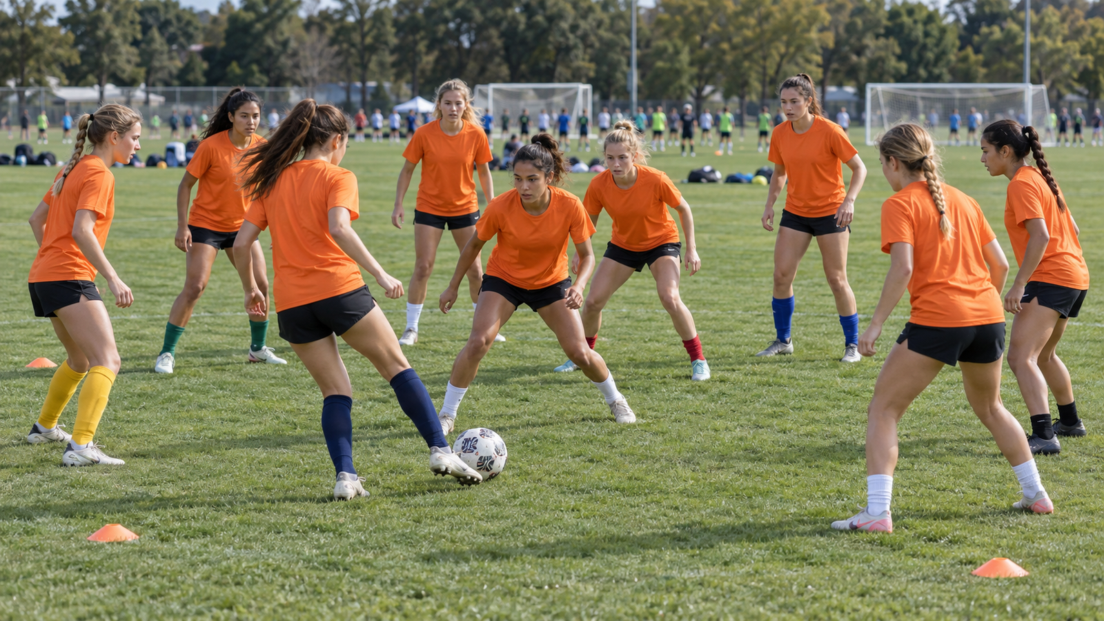 Girls soccer players at a college ID camp training session