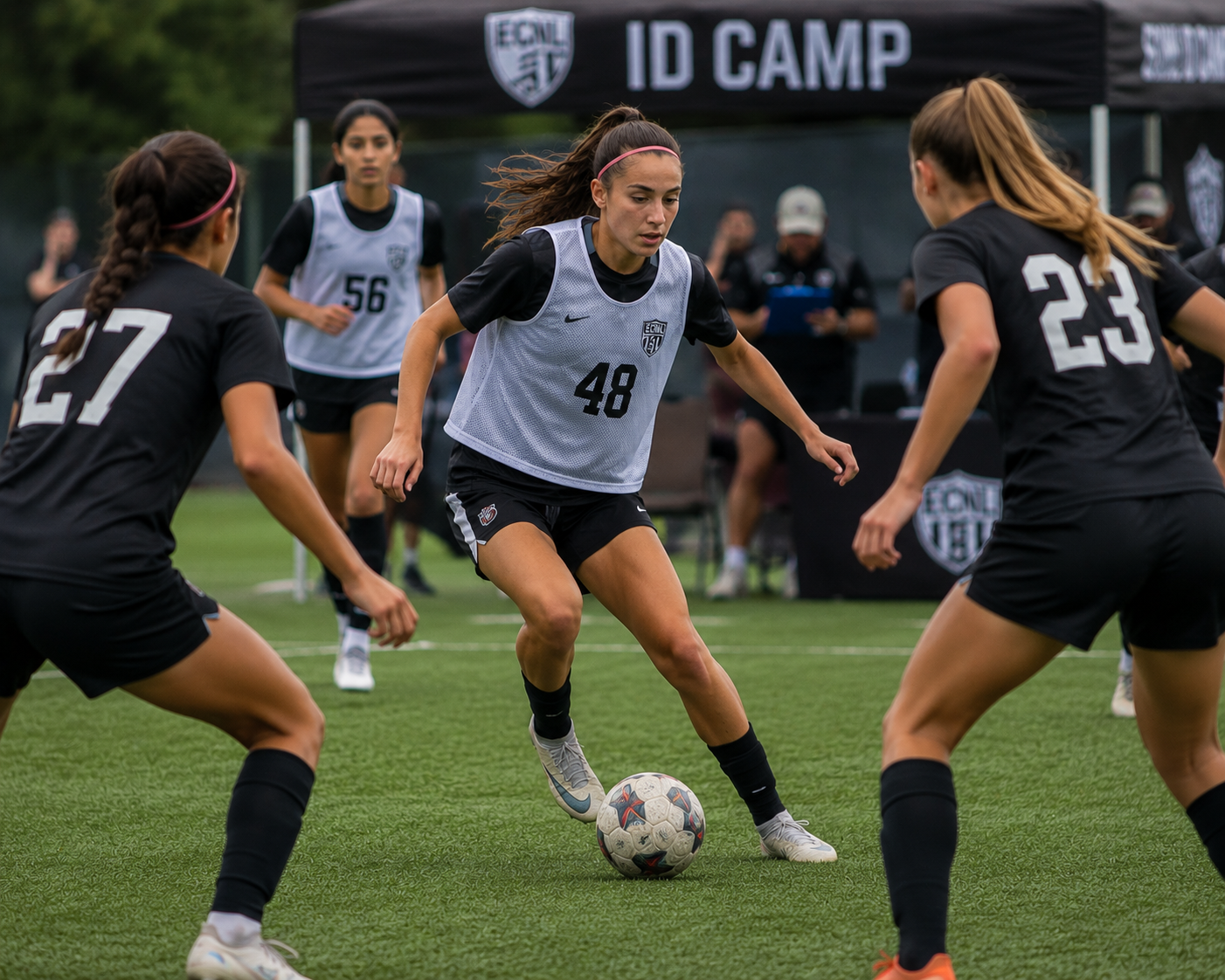 Girls soccer players competing at a high level club match